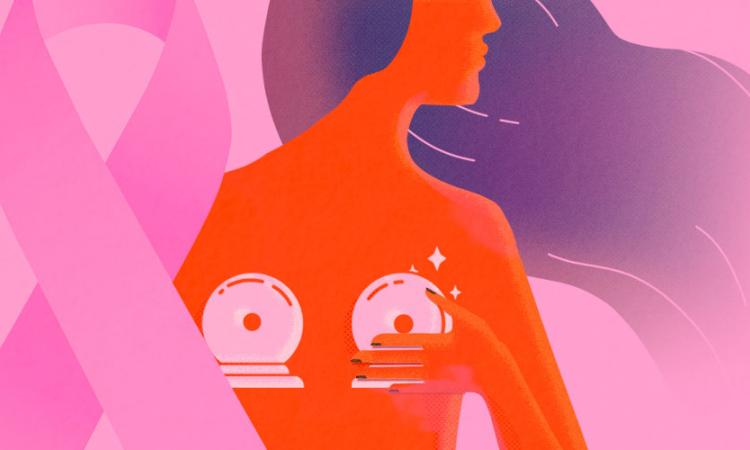 Câncer de Mama e Outubro Rosa: a imagem mostra a ilustração de uma silhueta com os seios representados por duas bolas de cristal, significando que o corpo mostra sinais do futuro, que não devem ser ignorados.